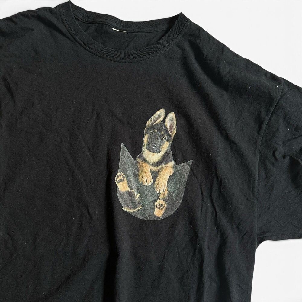 German Shepherd Puppy Dog Cute Pocket T-Shirt Black Vintage K9 Police XL Funny